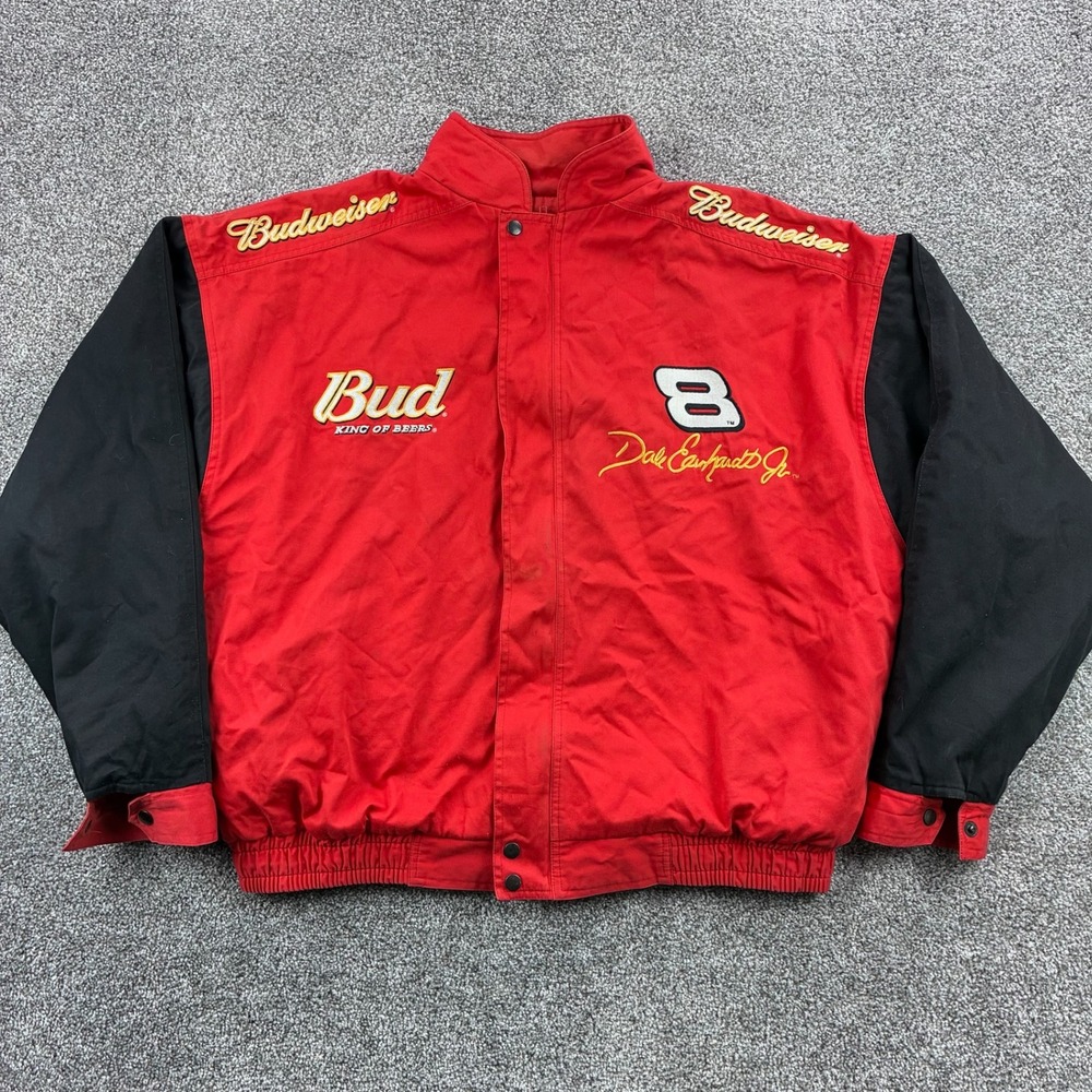 Vintage Budweiser Racing Jacket Mens 2XL Red Cotton Dale Jr #8 Competitors View